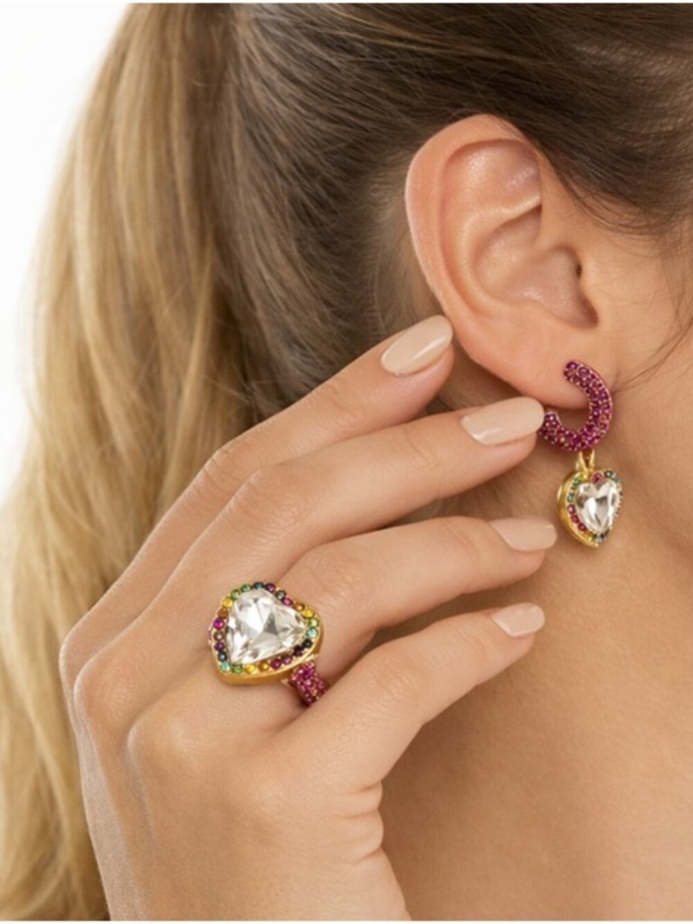 Kurt Geiger London Crystal Heart Ring and Huggie Hoop Earrings
